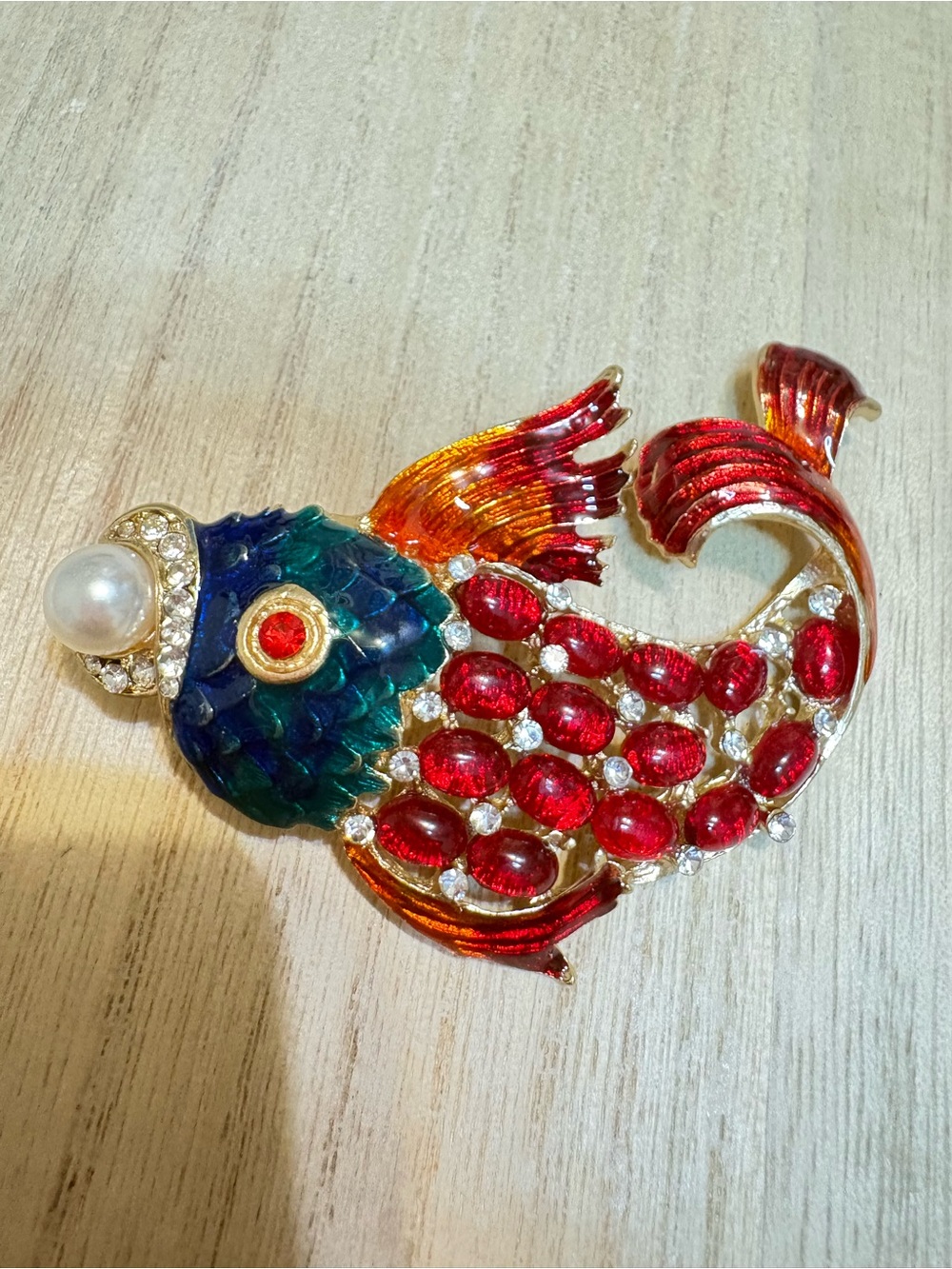 Red and Multicolor Enamel Fish Brooch with Pearl Accent